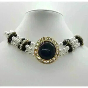 Vintage 3 Strand Faux Pearl Choker Black Pendant & Rhinestones Necklace Classy